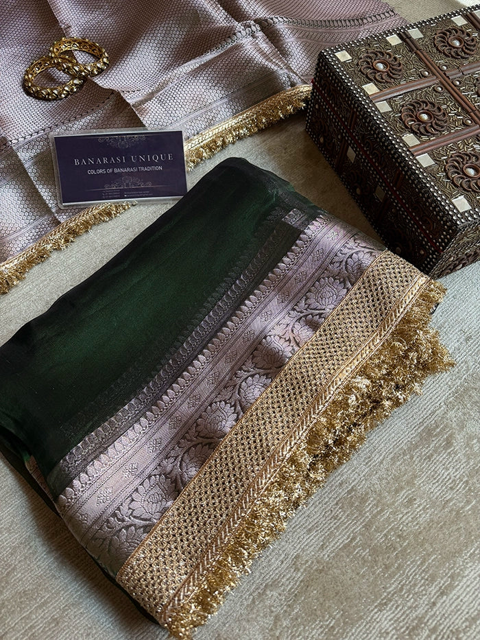 PLAIN PURE TISSUE SAREE with BROCADE BLOUSE - BOTTLE GREEN