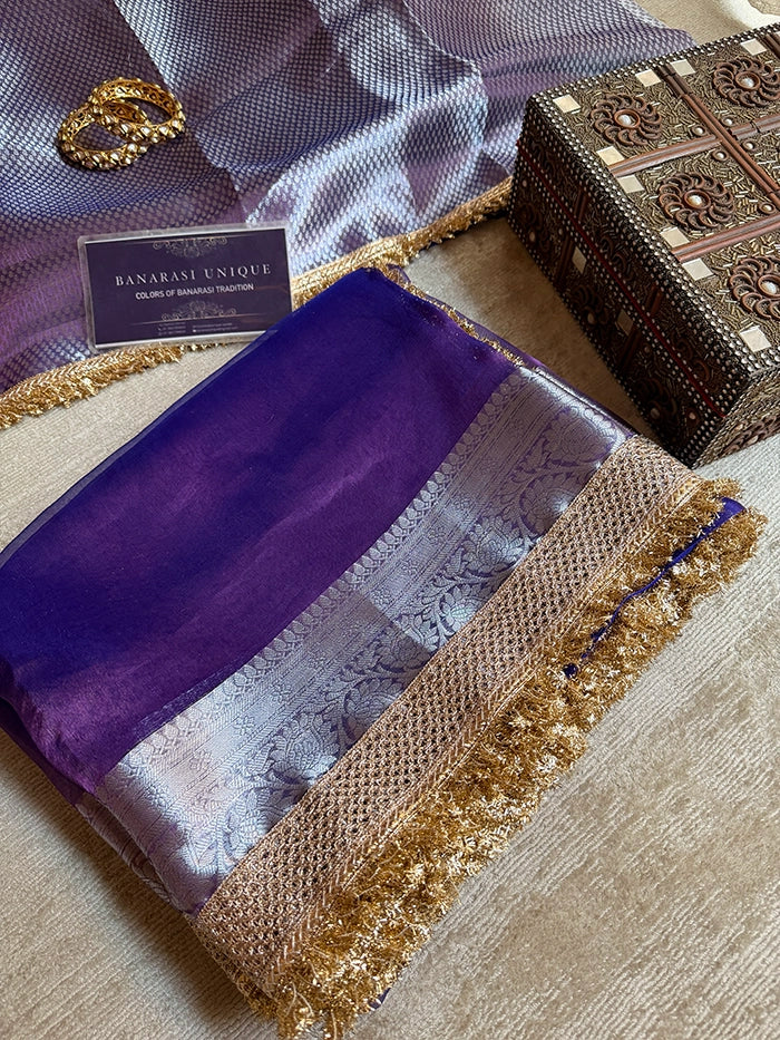 PLAIN PURE TISSUE SAREE with BROCADE BLOUSE - PURPLE