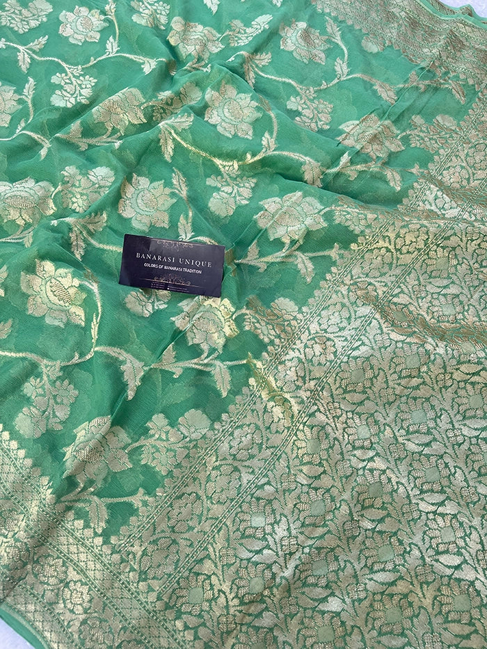 KHADDI GEORGETTE BIG FLORAL JAAL WATER ZARI SAREE - SAGE GREEN