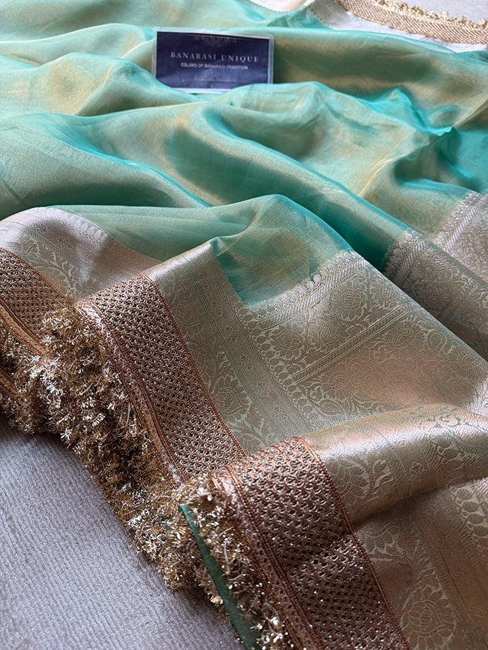 PLAIN PURE TISSUE SAREE with BROCADE BLOUSE - AQUA GREEN