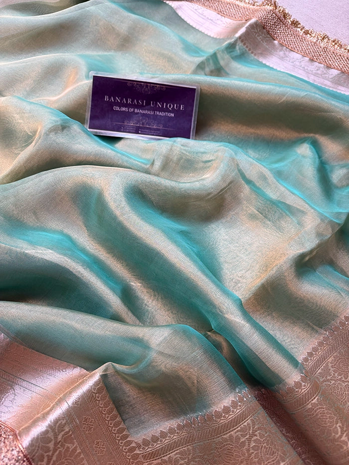 PLAIN PURE TISSUE SAREE with BROCADE BLOUSE - AQUA GREEN
