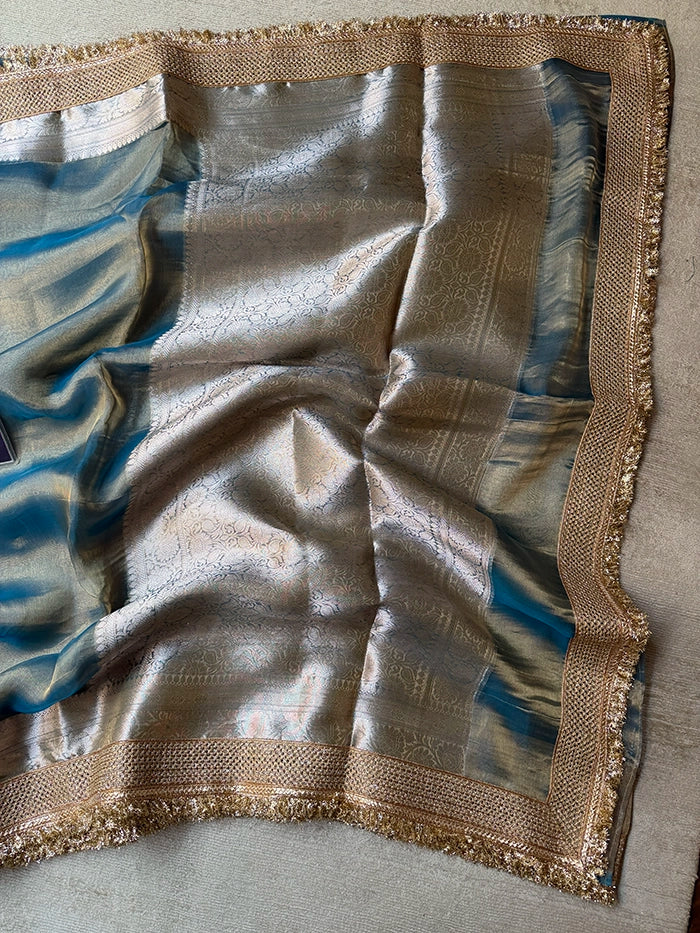 PLAIN PURE TISSUE SAREE with BROCADE BLOUSE - METALLIC BLUE