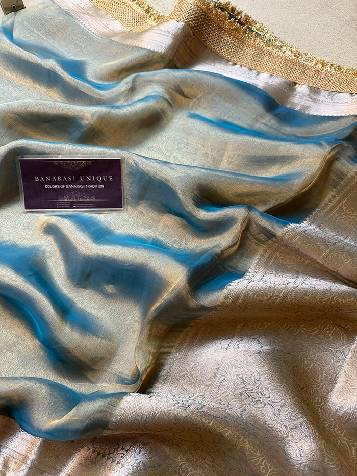 PLAIN PURE TISSUE SAREE with BROCADE BLOUSE - METALLIC BLUE