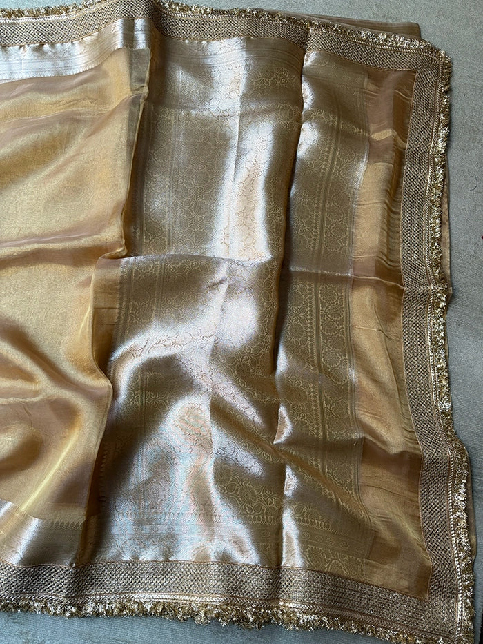 PLAIN PURE TISSUE SAREE with BROCADE BLOUSE - LIGHT GOLD