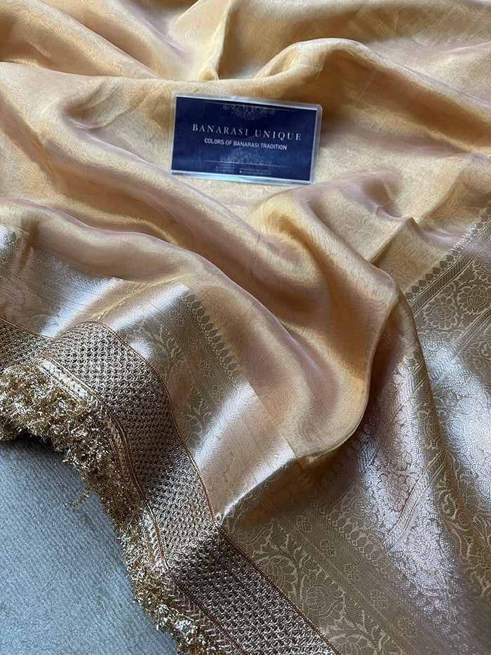PLAIN PURE TISSUE SAREE with BROCADE BLOUSE - LIGHT GOLD