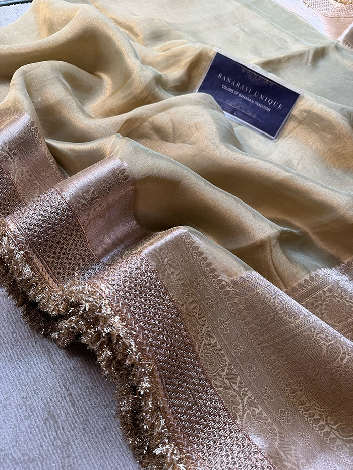 PLAIN PURE TISSUE SAREE with BROCADE BLOUSE - OLIVE GREEN