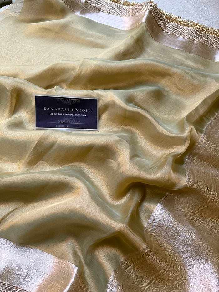 PLAIN PURE TISSUE SAREE with BROCADE BLOUSE - OLIVE GREEN