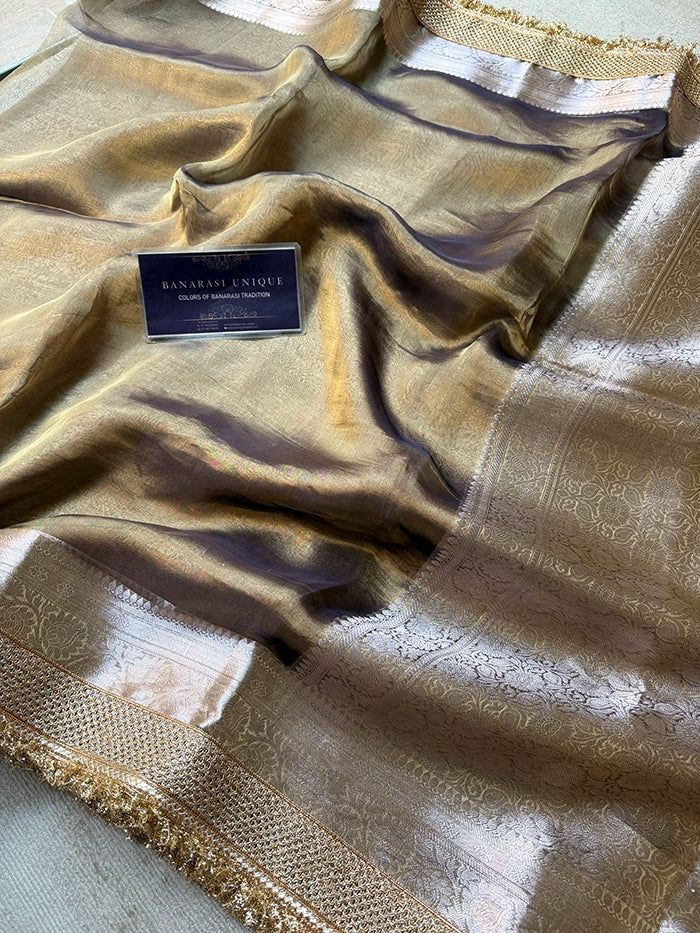 PLAIN PURE TISSUE SAREE with BROCADE BLOUSE - COFFEE BROWN