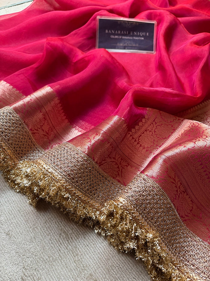 PLAIN PURE TISSUE SAREE with BROCADE BLOUSE - RANI PINK