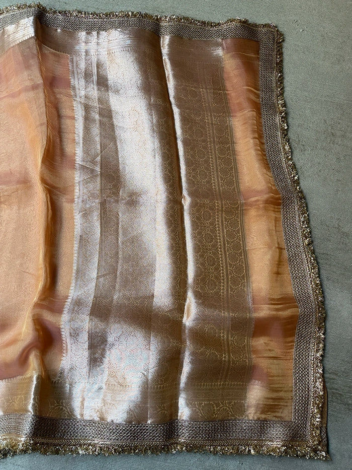 PLAIN PURE TISSUE SAREE with BROCADE BLOUSE - PEACH