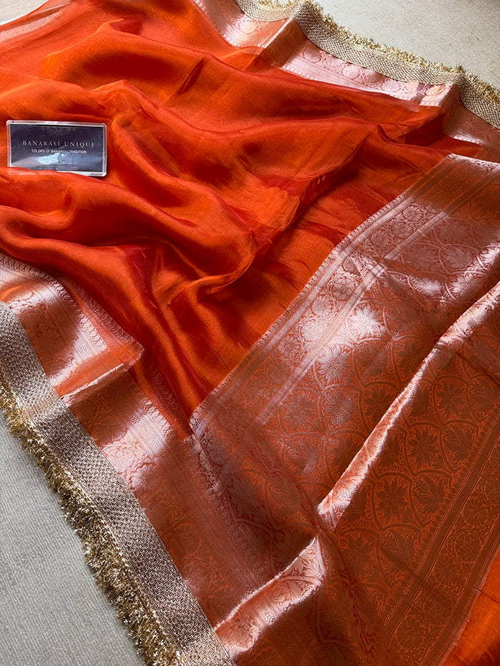 PLAIN PURE TISSUE SAREE with BROCADE BLOUSE - CANDY ORANGE