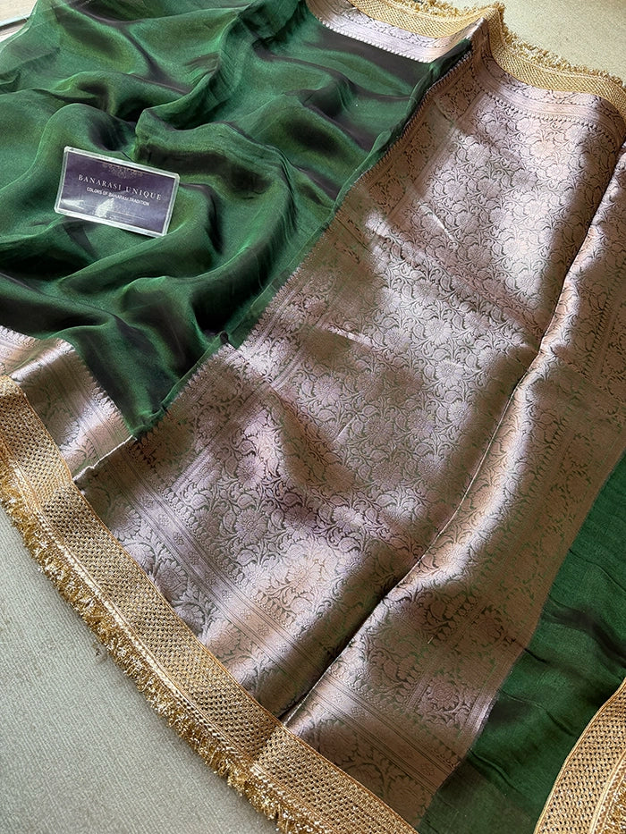 PLAIN PURE TISSUE SAREE with BROCADE BLOUSE - BOTTLE GREEN