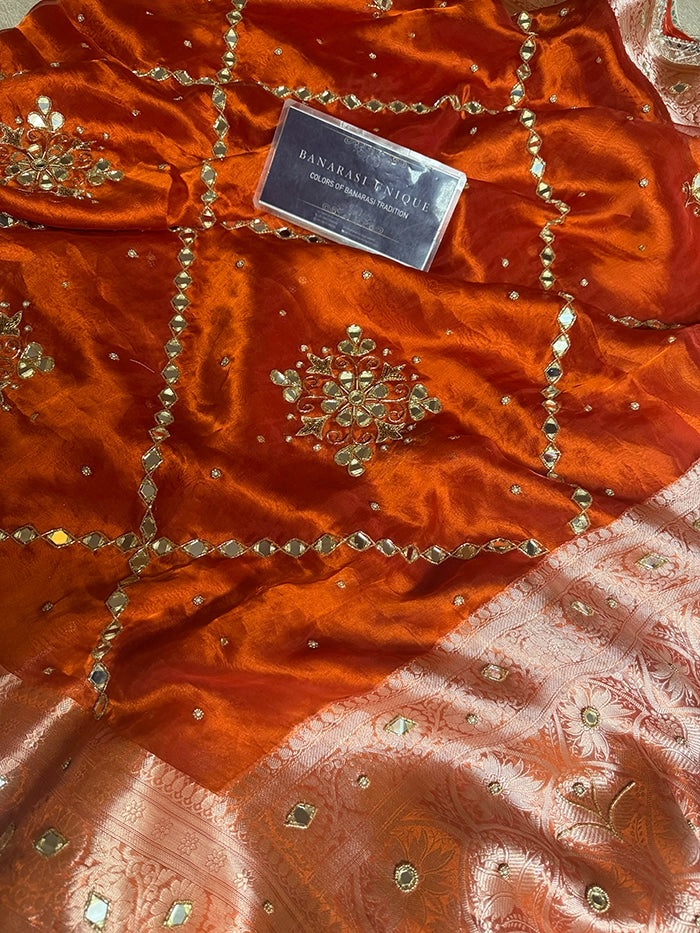 PURE TISSUE SILK MIRROR FLORAL BUTA AND JAAL SAREE - RUST ORANGE