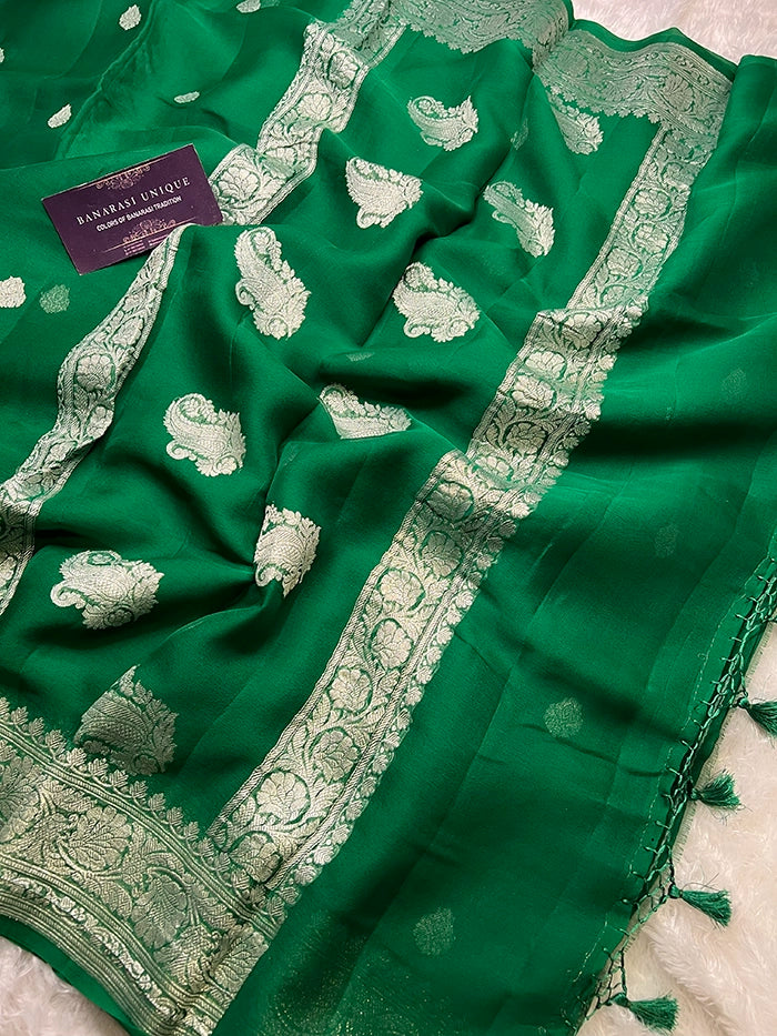 KHADDI CHIFFON SILVER ZARI KADHUWA SAREE - BOTTLE GREEN