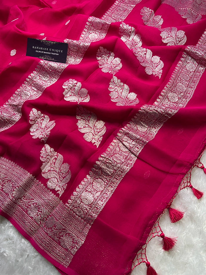 KHADDI CHIFFON SILVER ZARI KADHUWA SAREE - MAGENTA