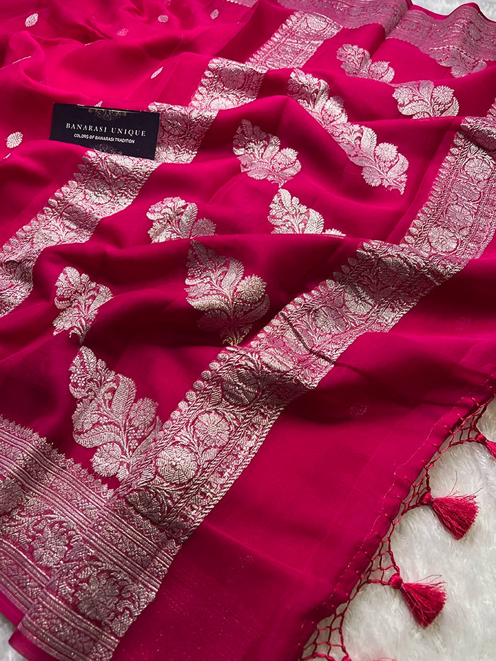 KHADDI CHIFFON SILVER ZARI KADHUWA SAREE - MAGENTA