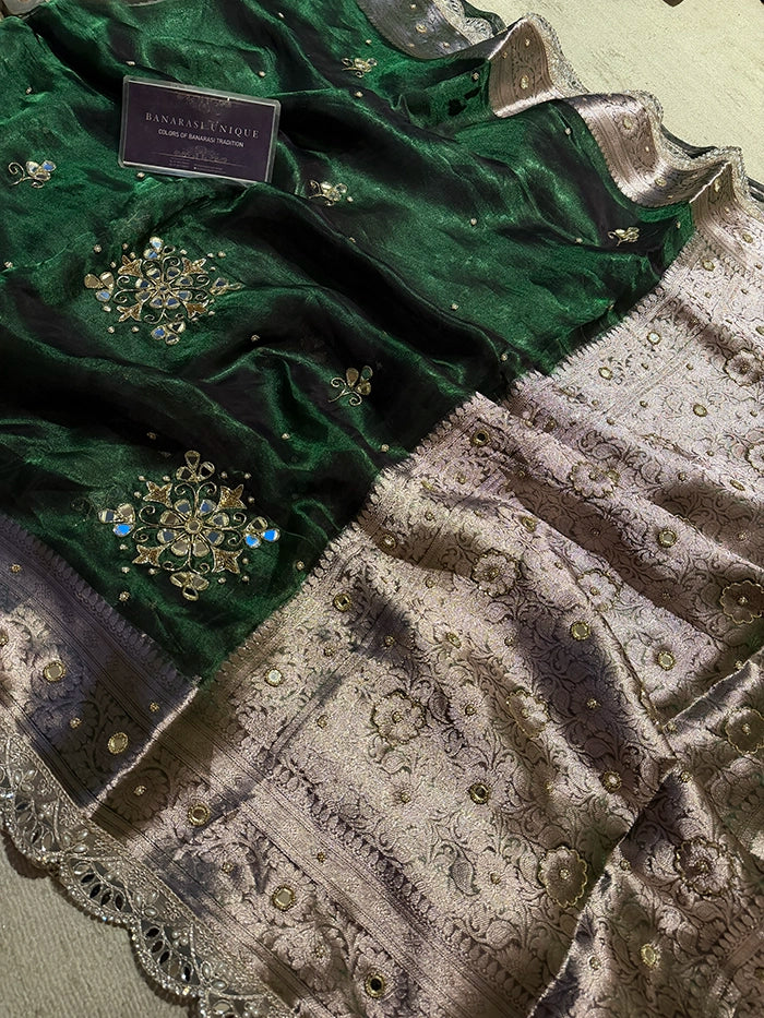 PURE TISSUE SILK FLORAL MIRROR BUTA SAREE - SILVER