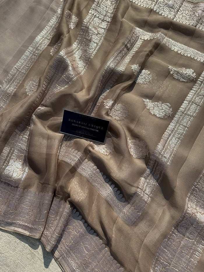 KHADDI CHIFFON DOUBLE BORDER SAREE - CONTRAST BORDER BEIGE DUAL TONE