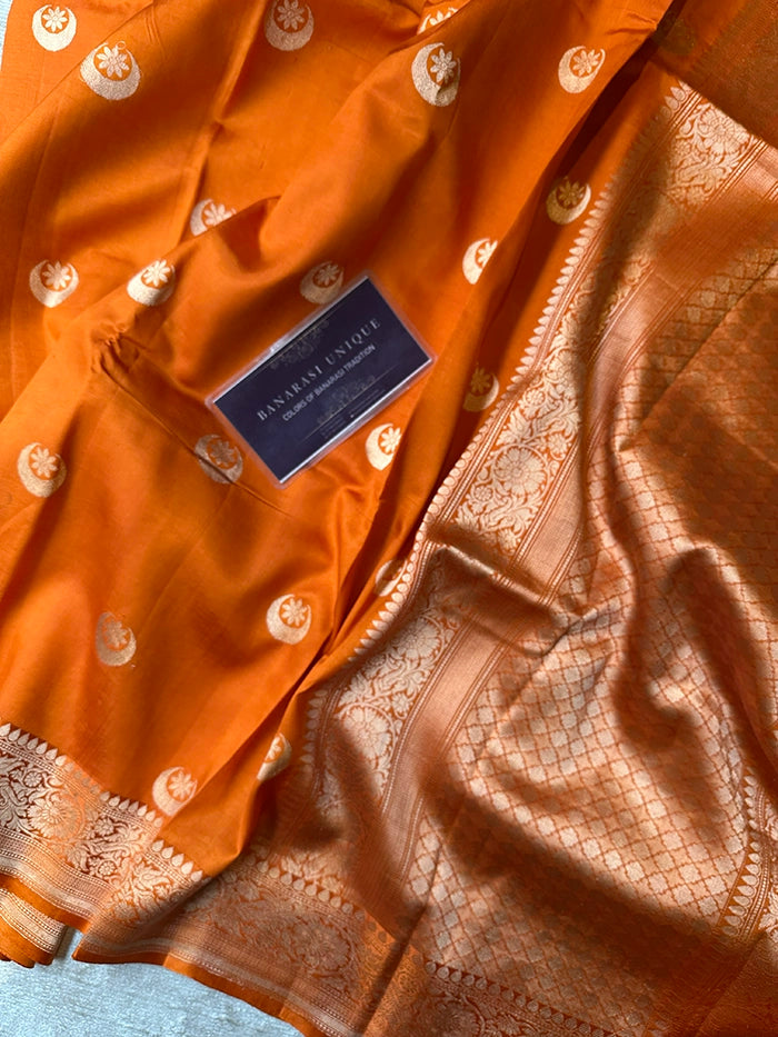 PURE KATAN SILK CHAND TARA SAREE - RUST ORANGE