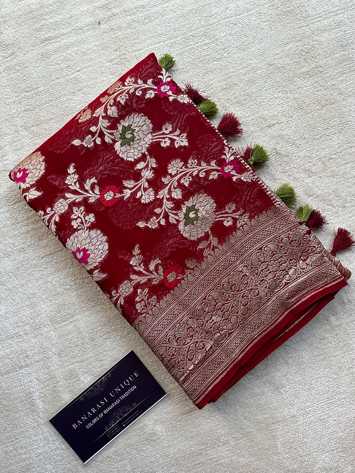 KHADDI GEORGETTE MEENAKARI WATER ZARI SAREE - MAROON