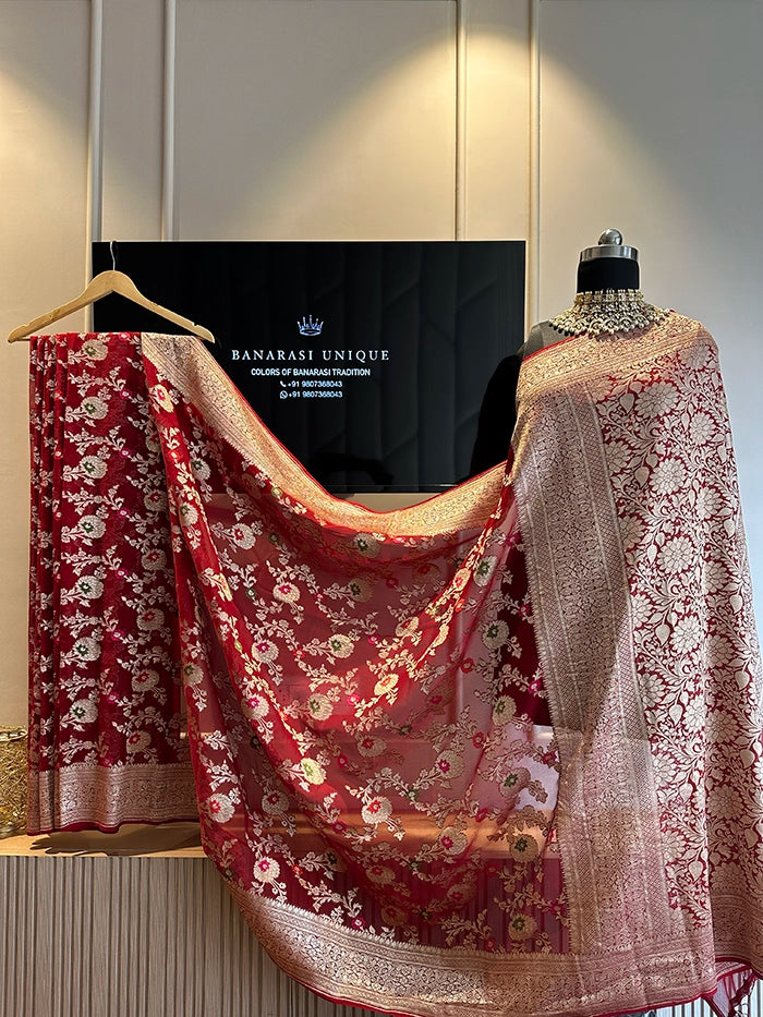KHADDI GEORGETTE MEENAKARI WATER ZARI SAREE - MAROON