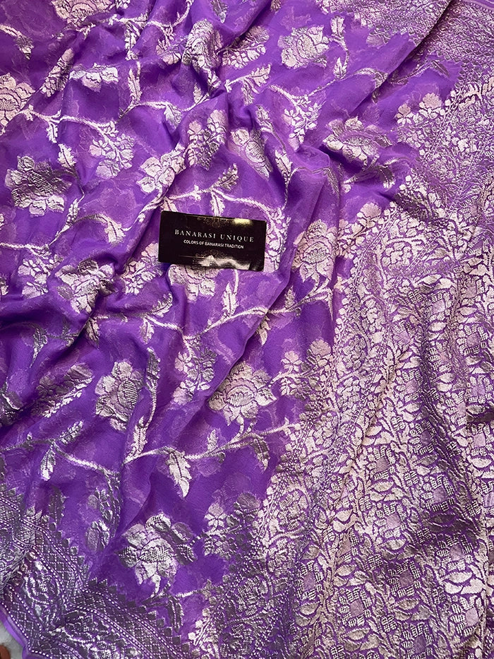 KHADDI GEORGETTE BIG FLORAL JAAL WATER ZARI SAREE - LAVENDER