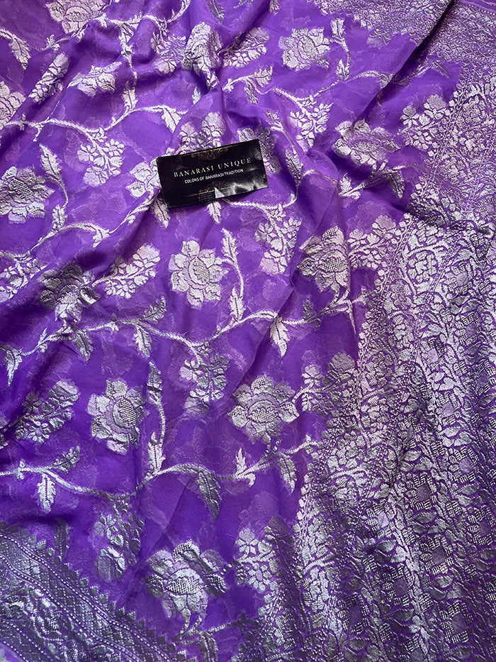 KHADDI GEORGETTE BIG FLORAL JAAL WATER ZARI SAREE - LAVENDER