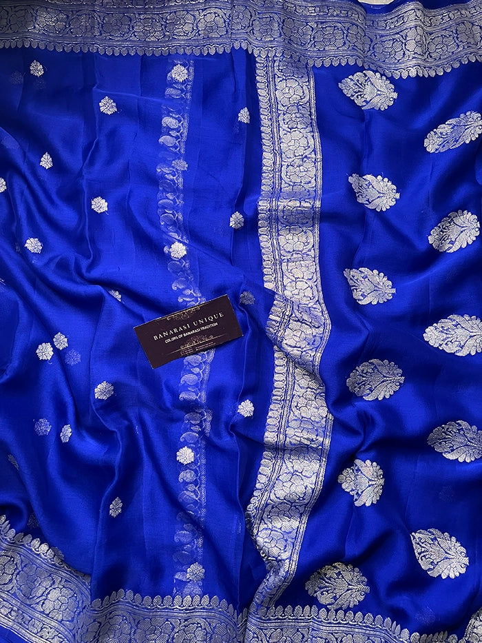 KHADDI CHIFFON SILVER ZARI KADHUWA SAREE - ROYAL BLUE