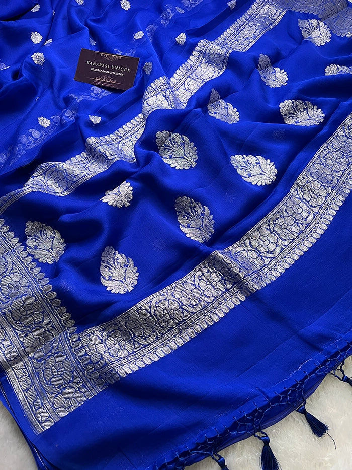 KHADDI CHIFFON SILVER ZARI KADHUWA SAREE - ROYAL BLUE