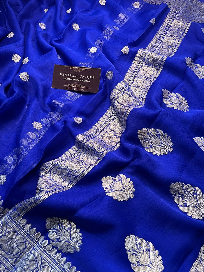 KHADDI CHIFFON SILVER ZARI KADHUWA SAREE - ROYAL BLUE