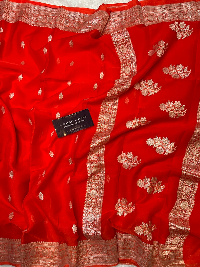 KHADDI CHIFFON SILVER ZARI KADHUWA SAREE - ORANGE