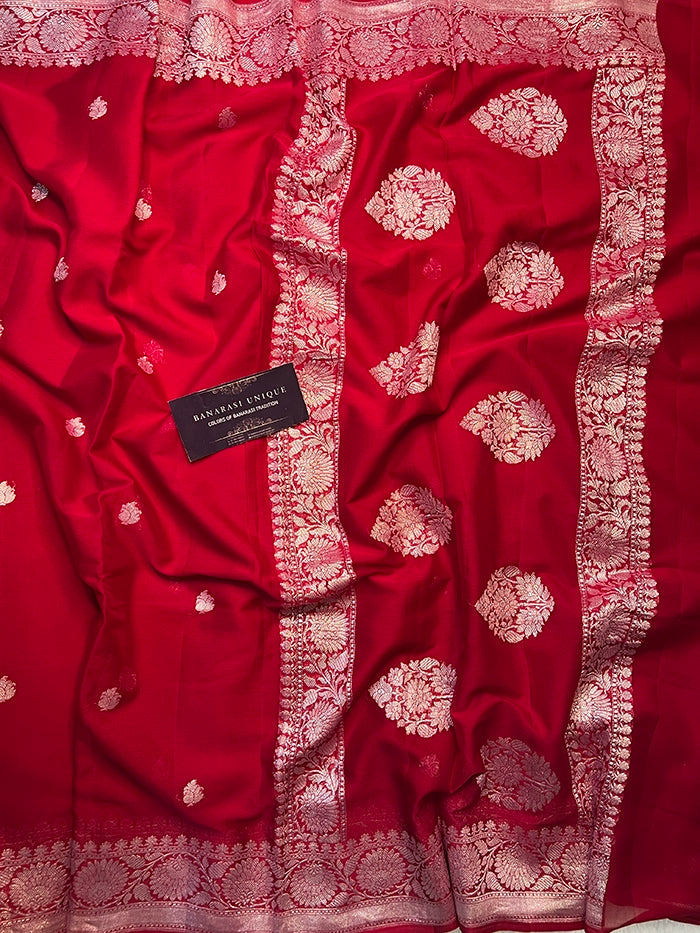KHADDI CHIFFON SILVER ZARI KADHUWA SAREE - MAROON
