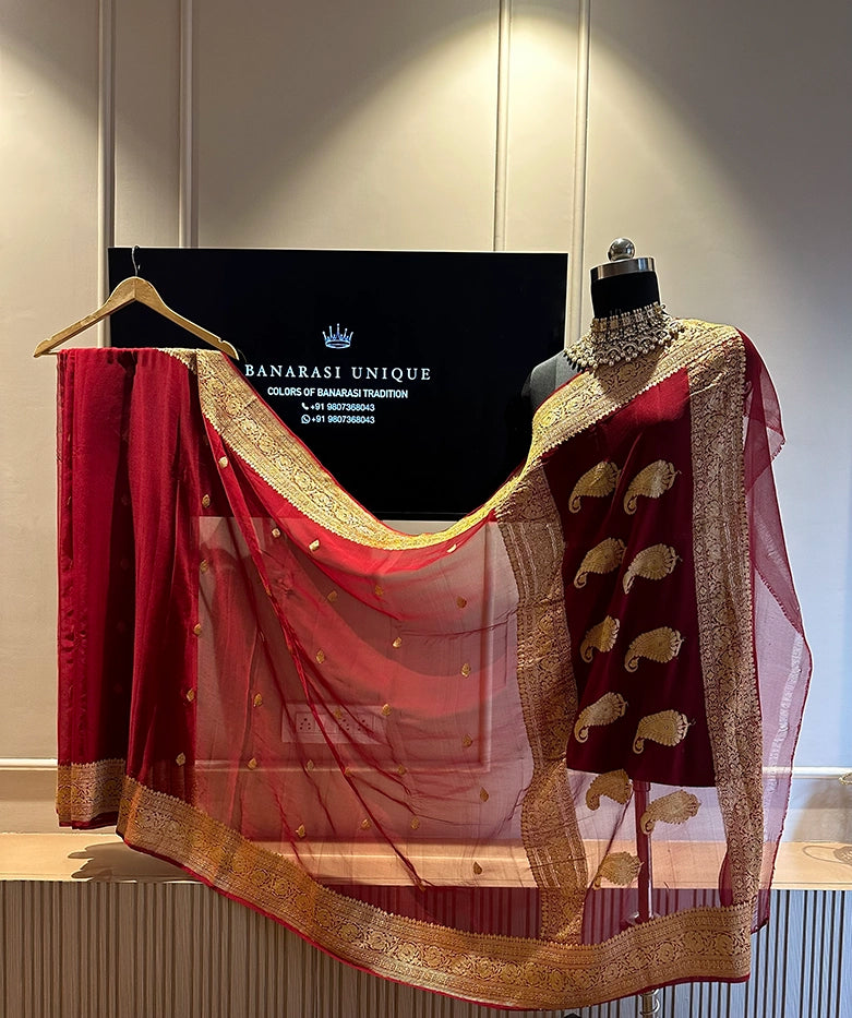 KHADDI CHIFFON GOLD ZARI KADHUWA SAREE - MAROON