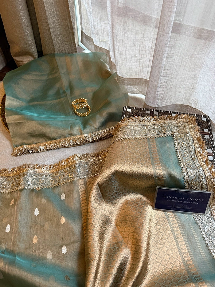 PURE TISSUE SILK KADHUA BOOTI SAREE - SEA GREEN