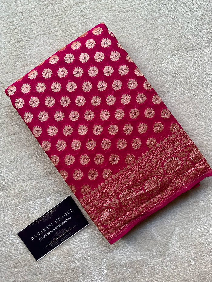 KHADDI GEORGETTE DOLLAR BUTI GOLD ZARI SAREE - FUCHSIA PINK