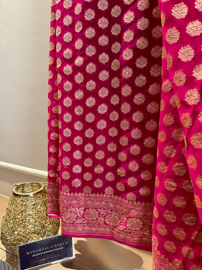 KHADDI GEORGETTE DOLLAR BUTI GOLD ZARI SAREE - FUCHSIA PINK
