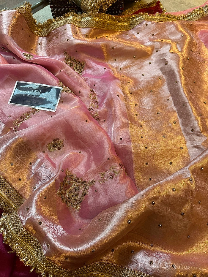VERTICAL FLORAL PURE TISSUE SAREE - BABY PINK