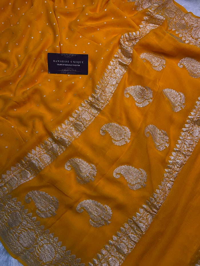 KHADDI CHIFFON HAZARA BUTI SAREE - MUSTARD