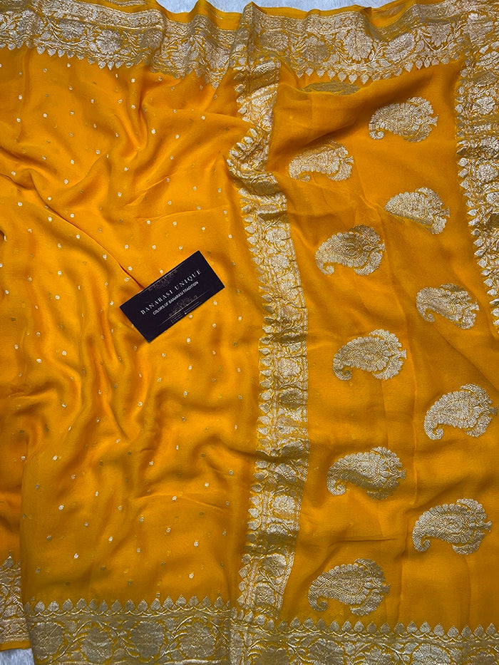KHADDI CHIFFON HAZARA BUTI SAREE - MUSTARD
