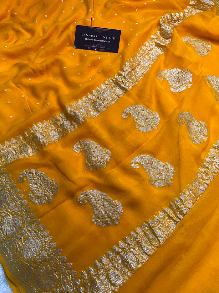 KHADDI CHIFFON HAZARA BUTI SAREE - MUSTARD