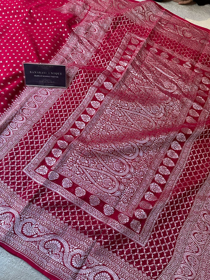 KHADDI GEORGETTE KONIA FOUR-PETAL BUTI SILVER ZARI SAREE - RUBY MAGENTA