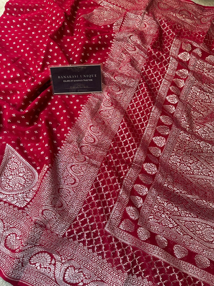 KHADDI GEORGETTE KONIA FOUR-PETAL BUTI SILVER ZARI SAREE - RUBY MAGENTA