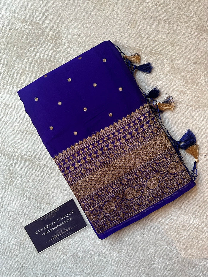 KHADDI GEORGETTE SKIRT BORDER CIRCLE BUTI ANTIQUE ZARI SAREE - ROYAL BLUE