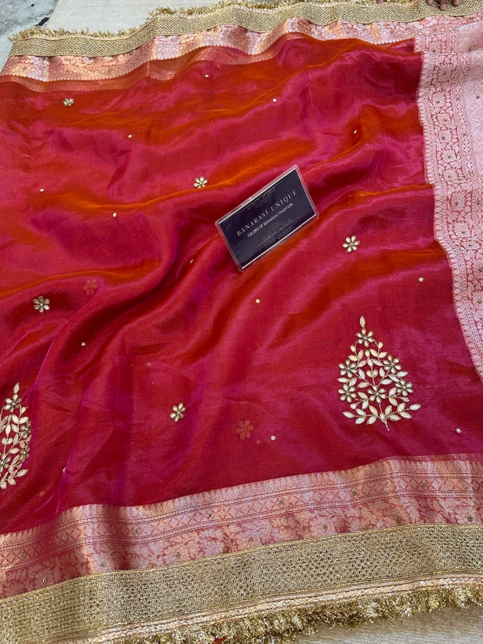 LEAF EFFECT PURE TISSUE - DHOOP CHAAV PINK-ORANGE