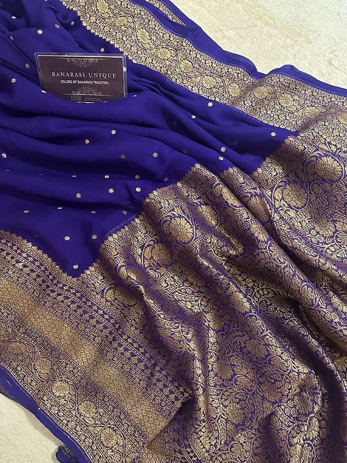 KHADDI GEORGETTE SKIRT BORDER CIRCLE BUTI ANTIQUE ZARI SAREE - ROYAL BLUE