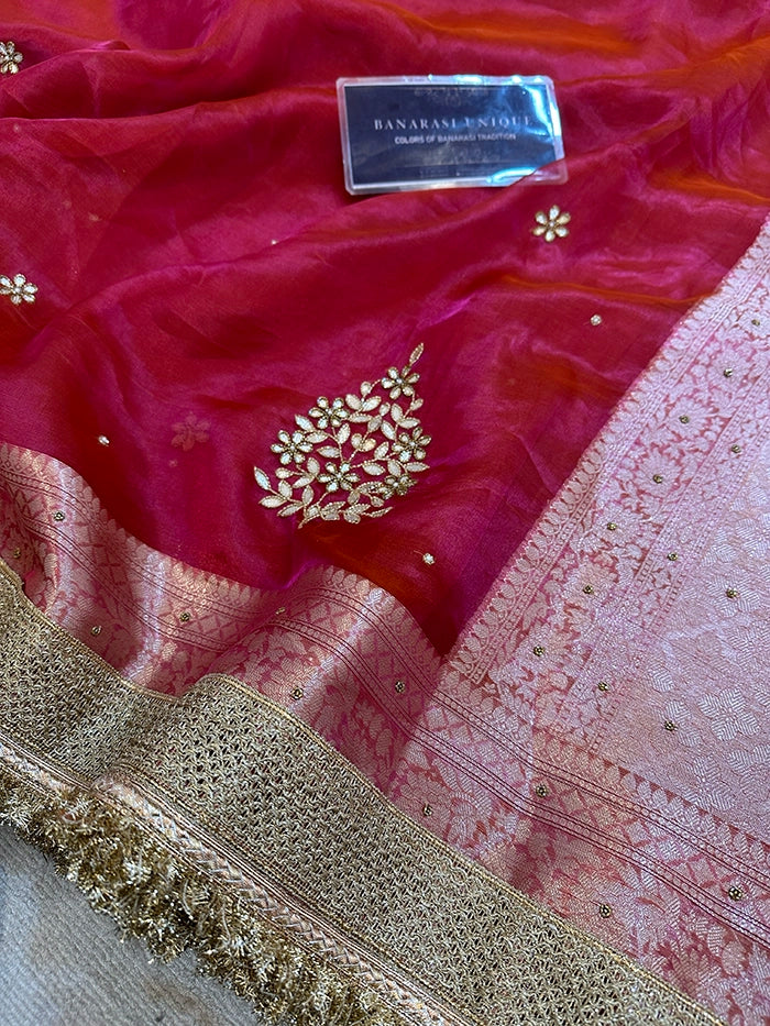 LEAF EFFECT PURE TISSUE - DHOOP CHAAV PINK-ORANGE