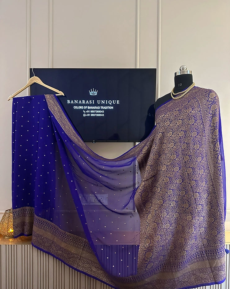 KHADDI GEORGETTE SKIRT BORDER CIRCLE BUTI ANTIQUE ZARI SAREE - ROYAL BLUE