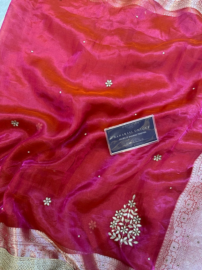 LEAF EFFECT PURE TISSUE - DHOOP CHAAV PINK-ORANGE