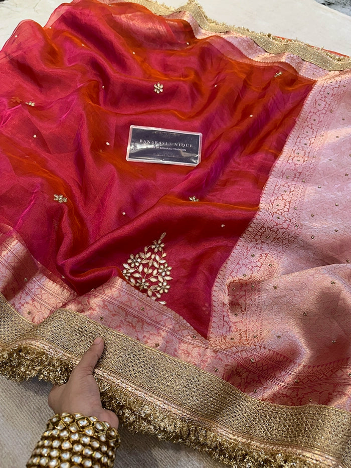 LEAF EFFECT PURE TISSUE - DHOOP CHAAV PINK-ORANGE