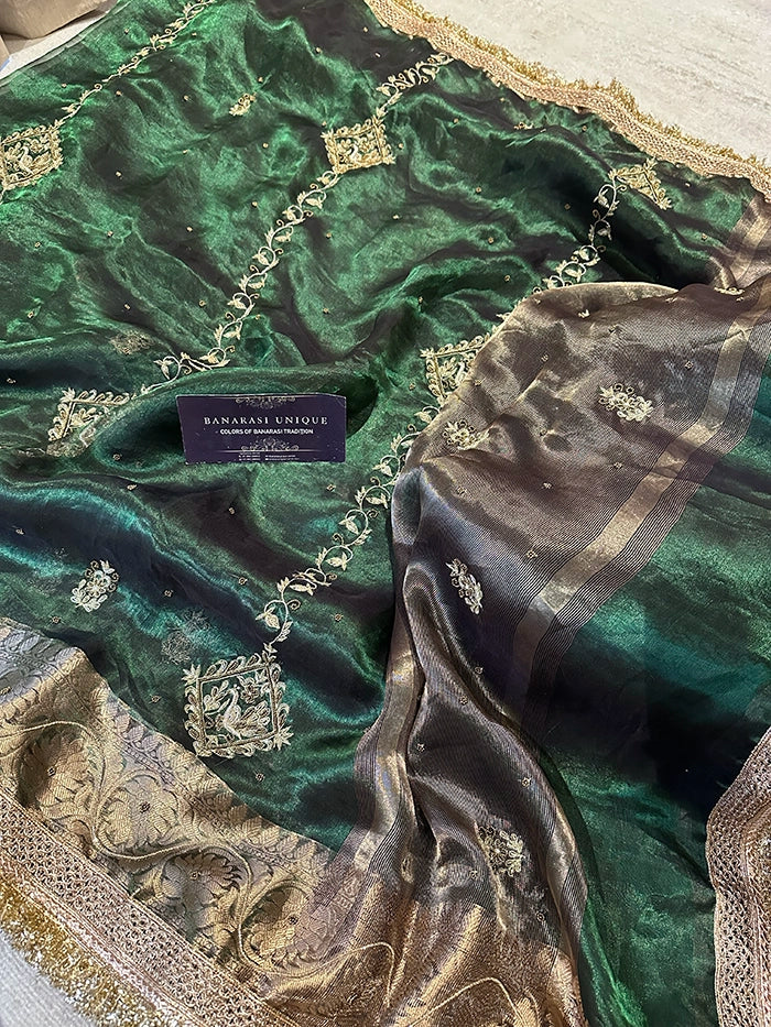 VERTICAL FLORAL PURE TISSUE SAREE - BOTTLE GREEN